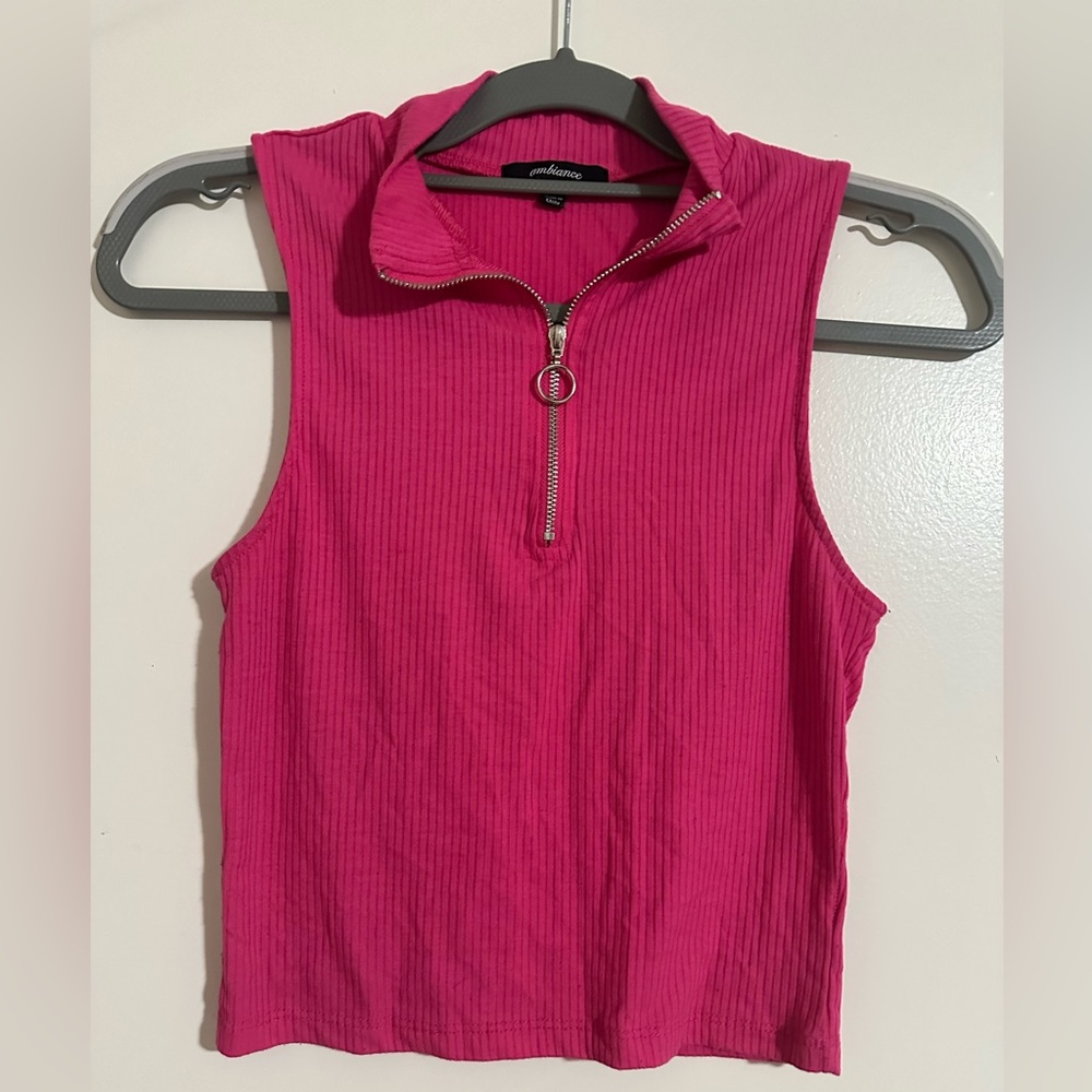 Ambiance pink half Zip-Up ribbed Tank Top cropped